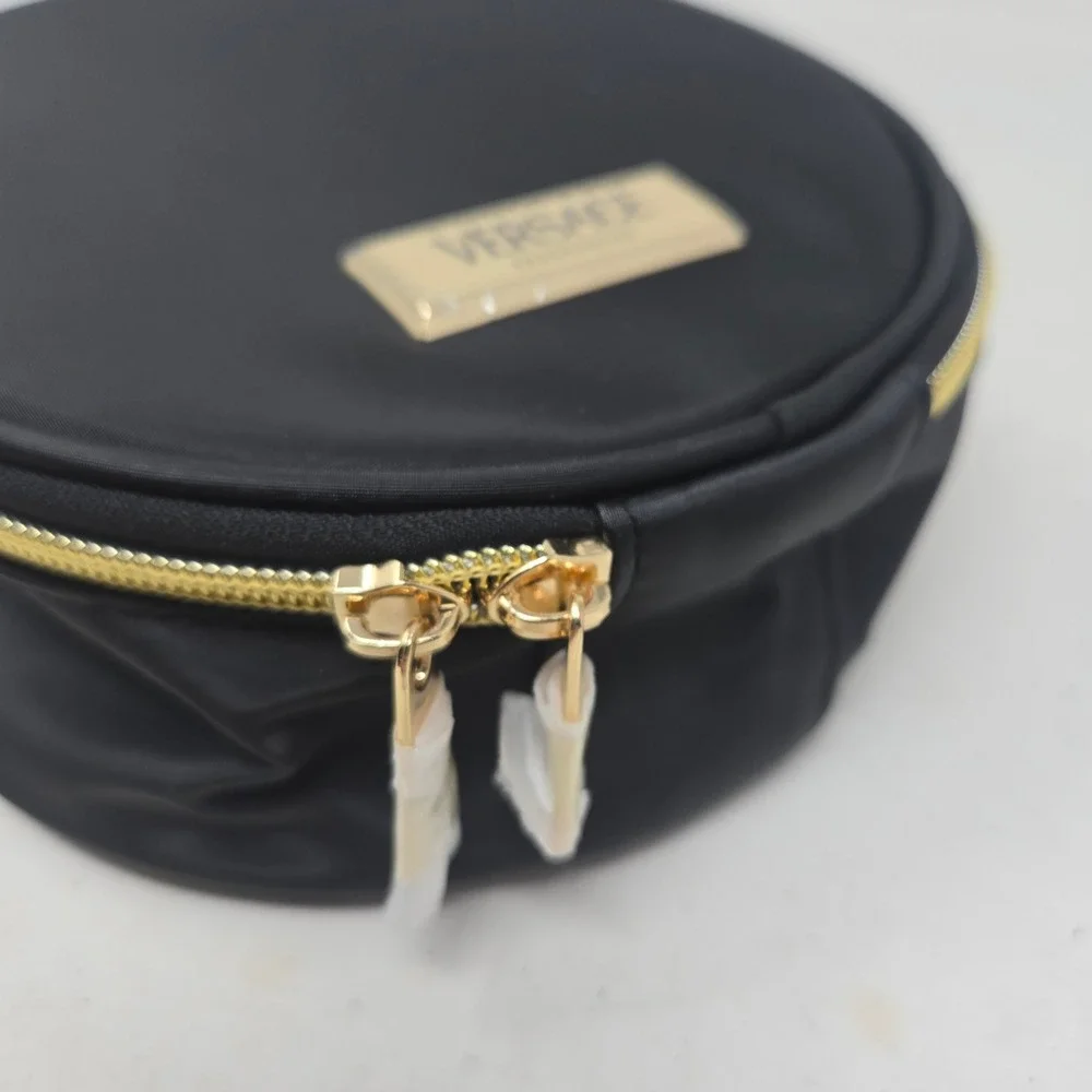 Versace Fragrances Black Round Vanity Cosmetic Case Gold Logo Mirror Travel Bag